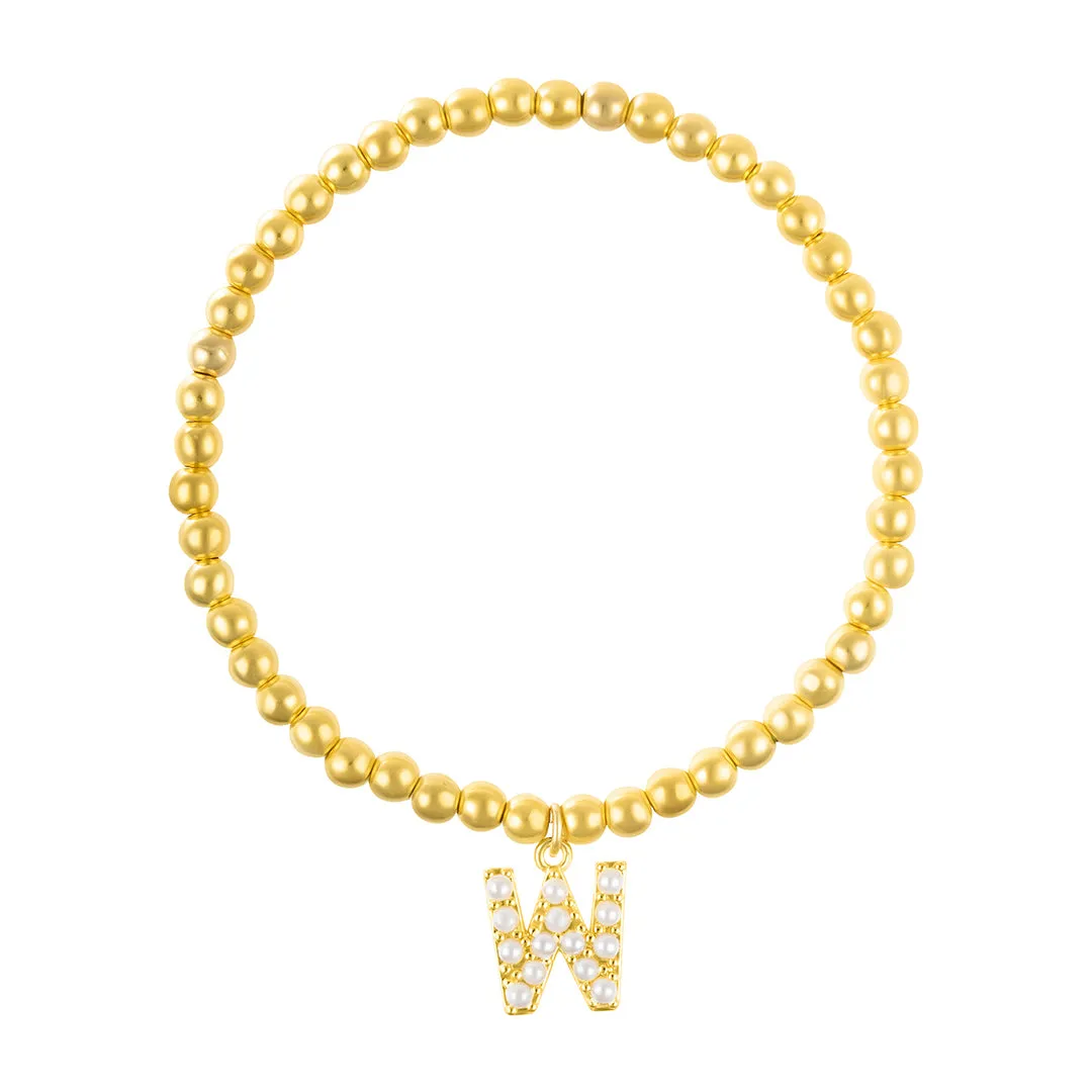 14k Gold Plated Stretch Bead Bracelet with Pearl Letter