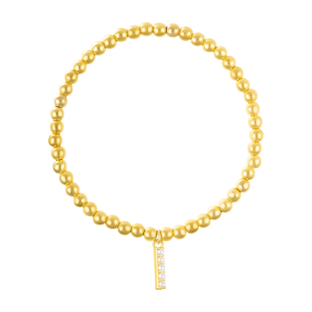 14k Gold Plated Stretch Bead Bracelet with Pearl Letter