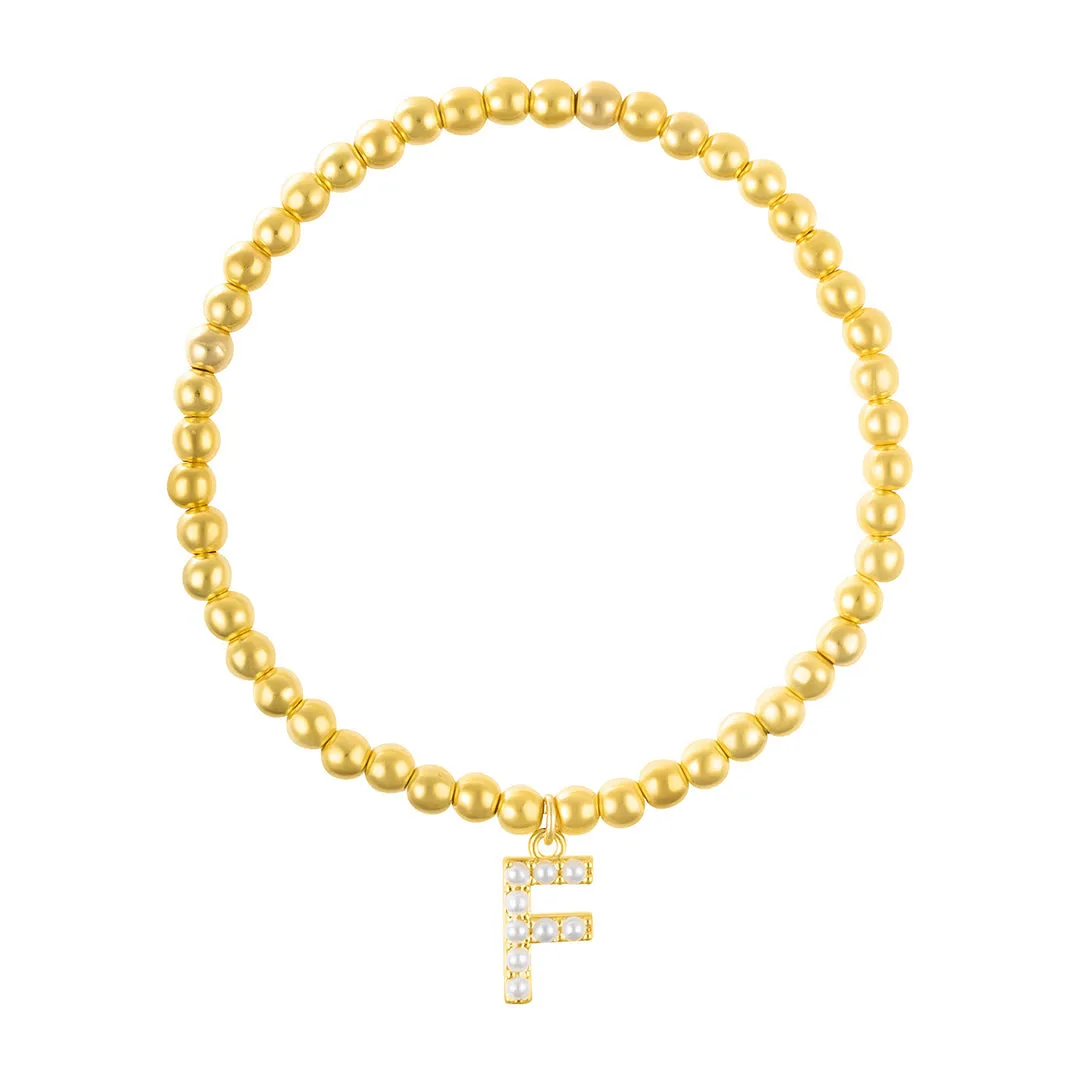 14k Gold Plated Stretch Bead Bracelet with Pearl Letter