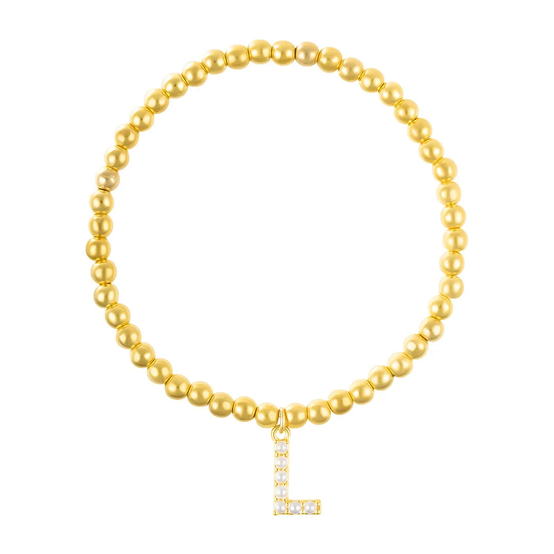 14k Gold Plated Stretch Bead Bracelet with Pearl Letter