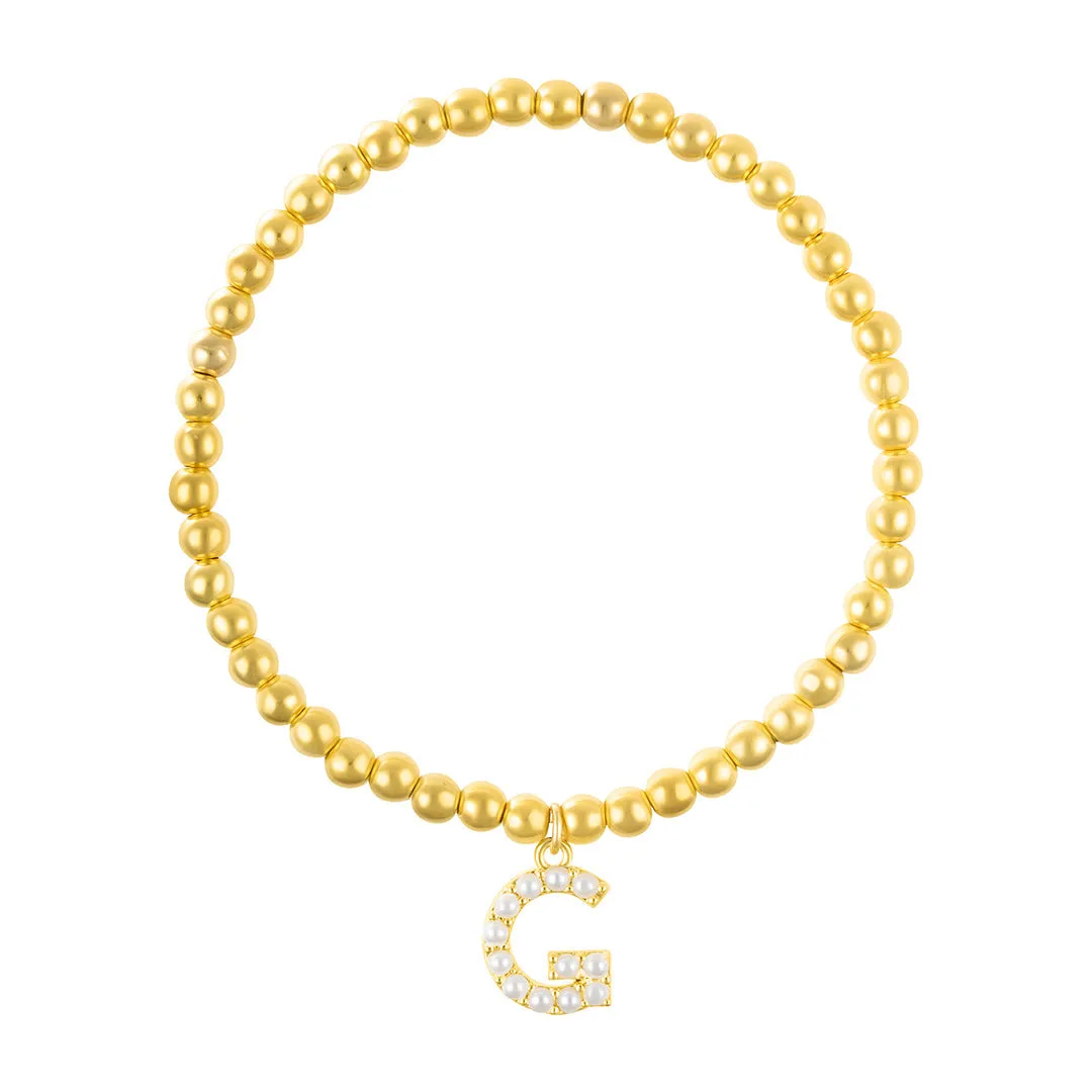 14k Gold Plated Stretch Bead Bracelet with Pearl Letter