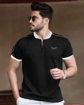 men Black-White contrast zip neck T-Shirt